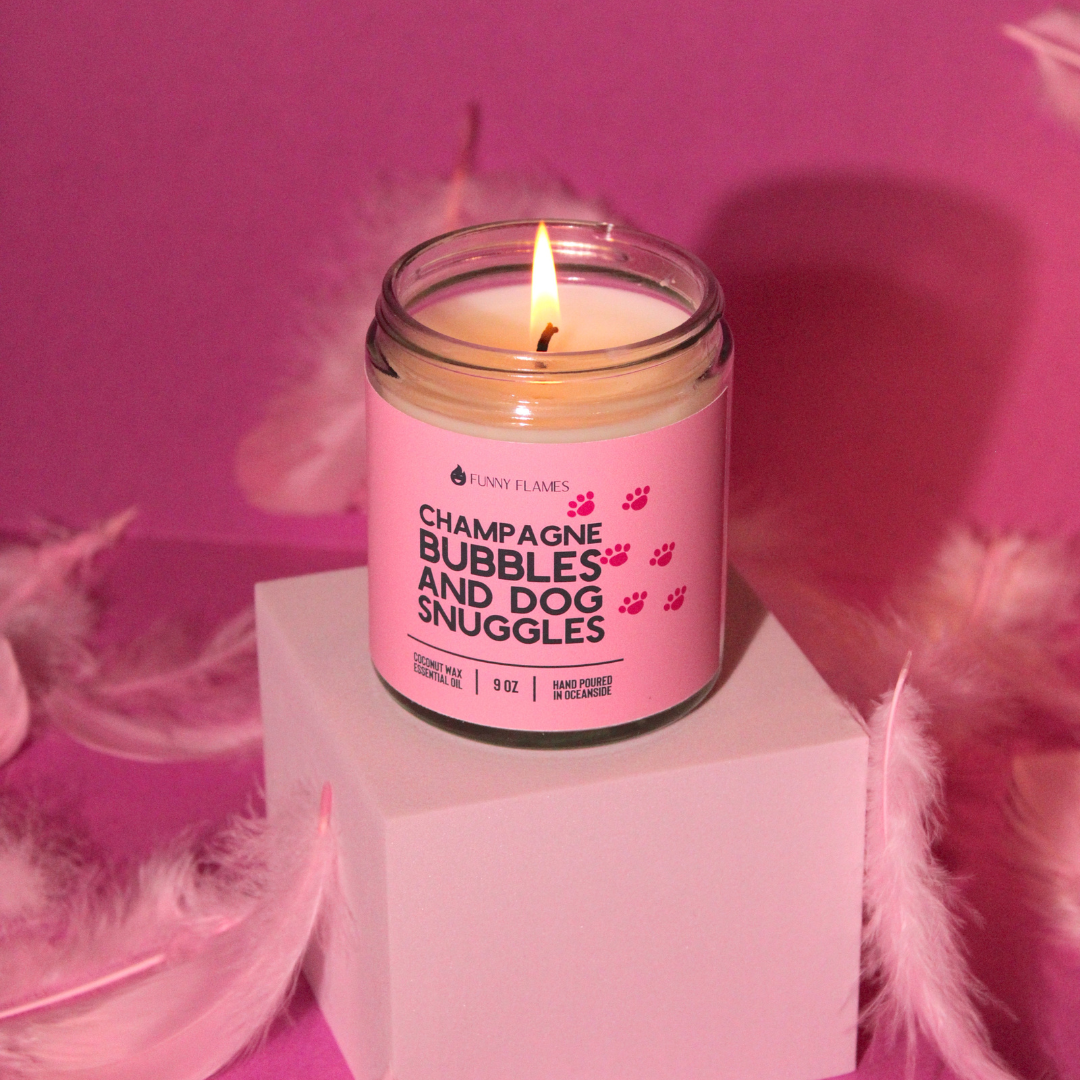 Champagne Bubbles And Dog Snuggles Scented Candle.