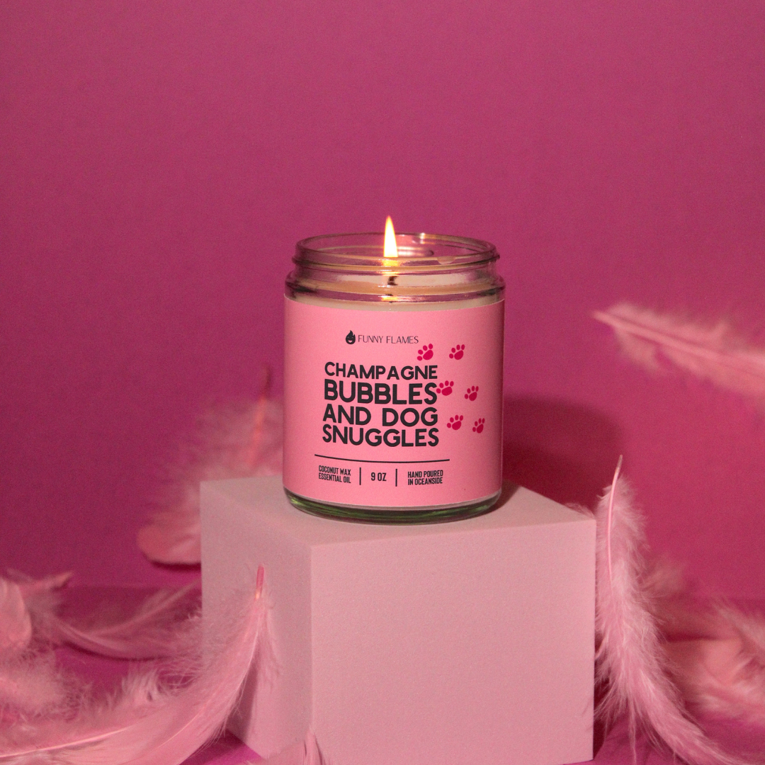 Champagne Bubbles And Dog Snuggles Scented Candle.